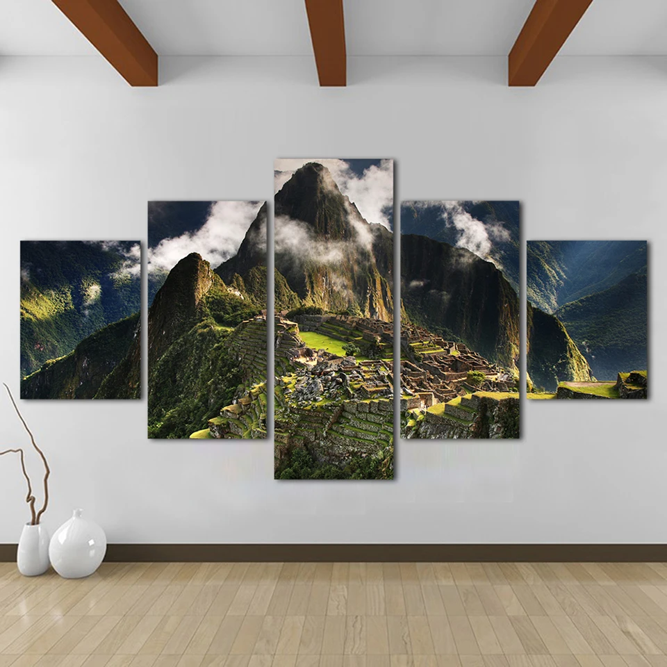 

Home Decoration Wall Pictures For Living Room Canvas Art Landscape Painting 5 Panel Machu Picchu Peru Mountains Clouds Hills