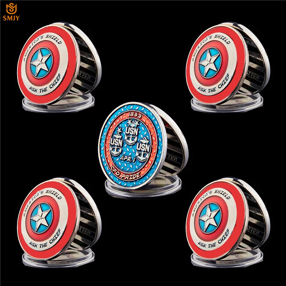 

5Pcs/Lot Silver Plated Colored American Shield "Ask The Chief" USA Article Commemorative Challenge Coin Collectible