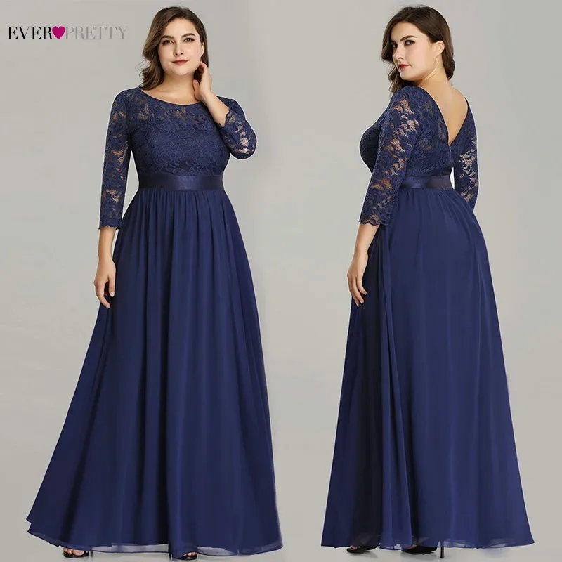 Plus Size Ever Pretty Evening Dresses Long EP07412 Elegant Long Sleeve A-line Lace Chiffon Navy Blue Winter Wedding Guest Dresse
