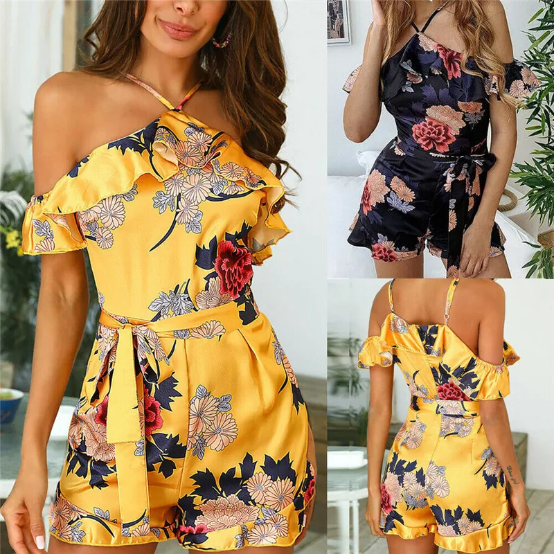 

Women Ladies Playsuit Party Jumpsuit Romper Mini Trousers Pants Print off Shoulder lace up Clubwear Summer yellow