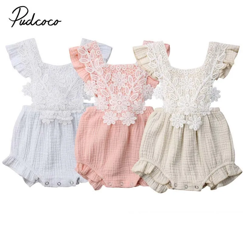 

2019 Brand Summer Newborn Baby Girl Bodysuit New Princess Ruffle Flower Lace Playsuit Fly Sleeve Jumpsuit Outfit Clothes 0-18M