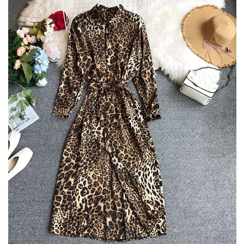 

Vintage Snake Print Sashes Long Shirt Dress Women 2019 Long Sleeve Leopard Mid-Calf Dresses Casual Vestidos