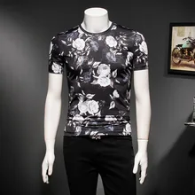 Summer T Shirt Men Ice O-Neck Short Sleeve Casual Slim Fit T-shirt Mens Fancy Club Tshirt Flower Print Tops Ropa Hombre De Marca