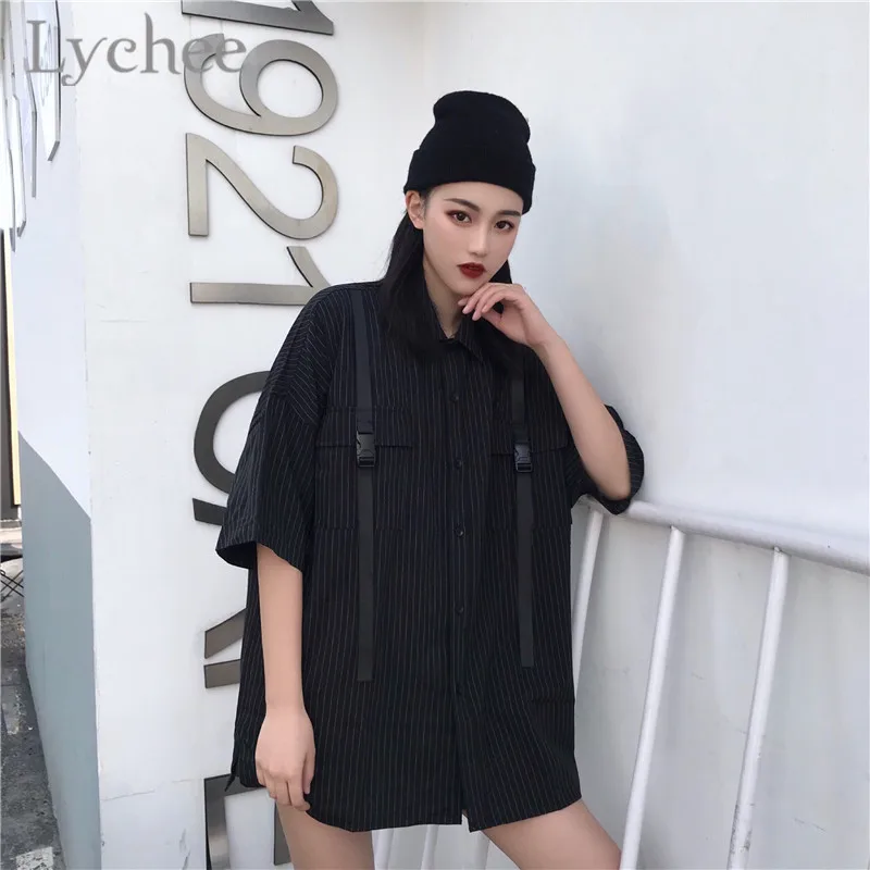 Lychee Harajuku/Женские блузки в полоску с черной лентой отложным воротником коротким