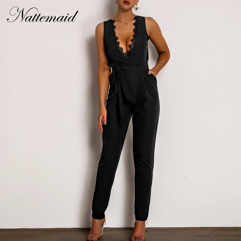 

NATTEMAID Black Elegant Office Lady Lace Jumpsuit Summer Workwear Going Out Women Jumpsuits V Neck Blue Rompers Womens Jumpsuit
