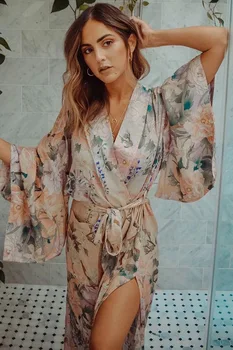 

Women's Bohemian kimono open stitch floral printing boho long dress belt fashion chic dress old style ethnic vestidos de fiesta