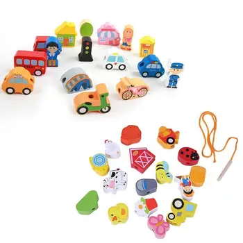 

Kids DIY Wooden Stringing Threading Beads Game Building Blocks Children Cartoon Animals Fruit Number Piercing Rope Toy Education