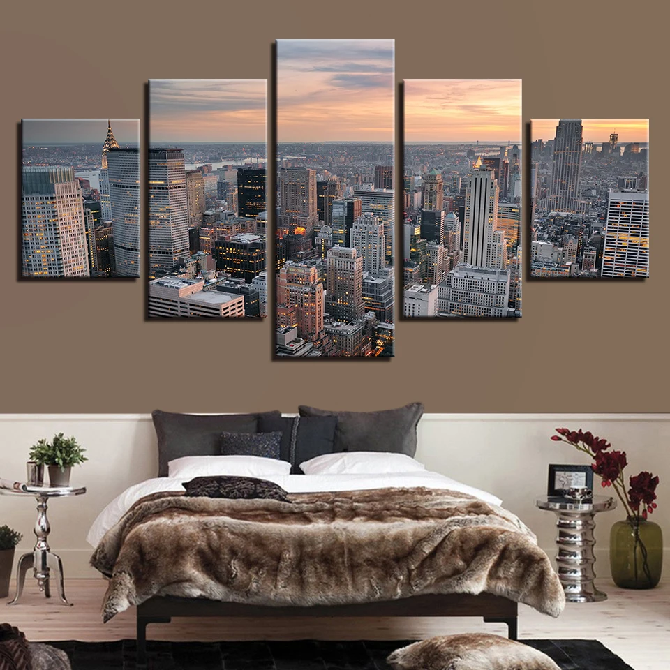 

Canvas Paintings HD Prints Pictures Wall Art Framework 5 Pieces Dusk City Building Aerial View Poster Modular Home Decor