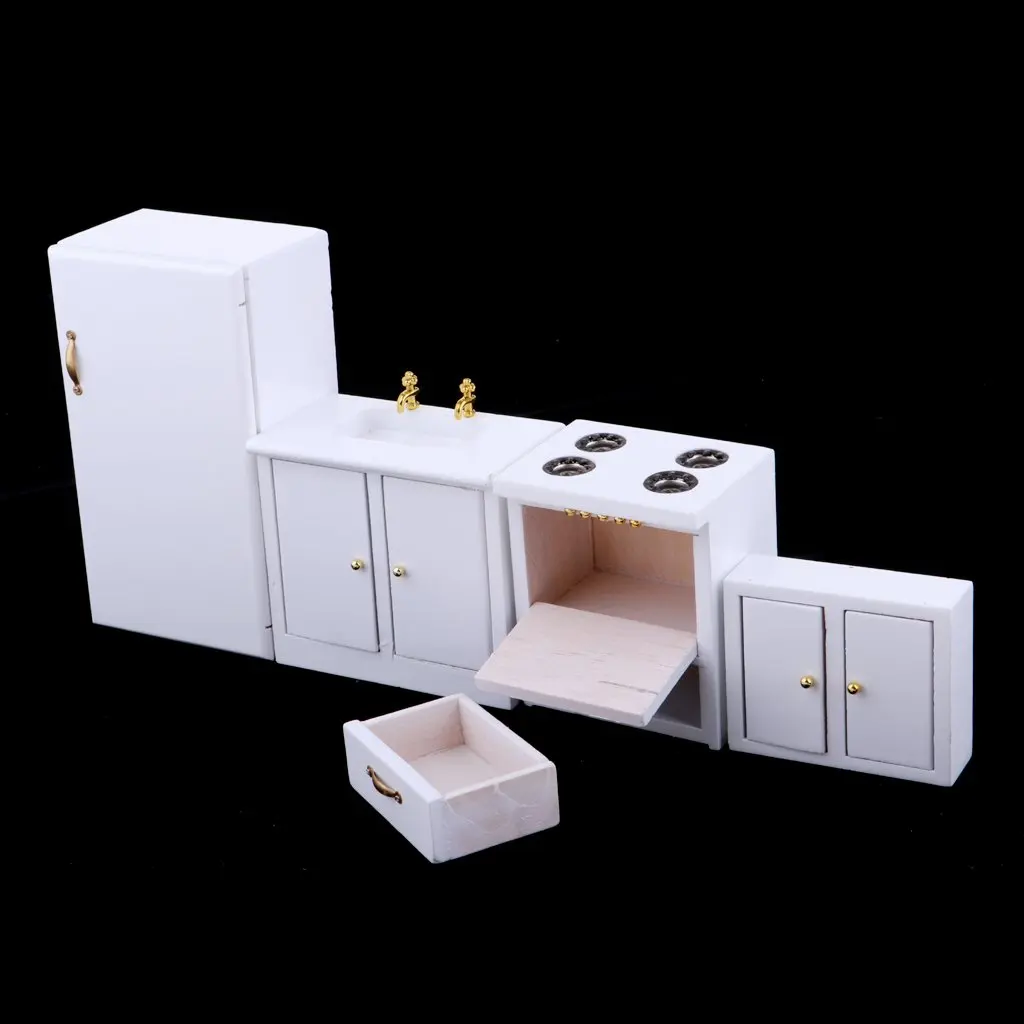  1:12 Scale Dollhouse Kitchen Furniture Wooden Refrigerator Sink Cabinets Model Miniature Doll House - 32971109147
