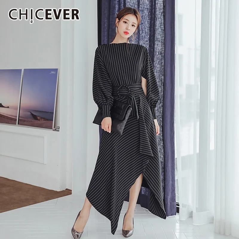 

CHCIEVER Striped Dresses For Women O Neck Lantern Sleeve High Waist Bandage Asymmetric Hem Elegant Dress Female Korean Fashion