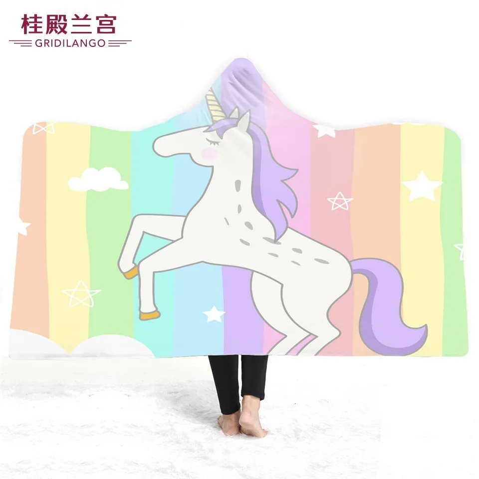 

GRIDILANGO Unicorn Pattern Hooded Blanket Cartoon Printing Multicolor Home Office For Kids Wearable Throw Blankets Holiday Gift