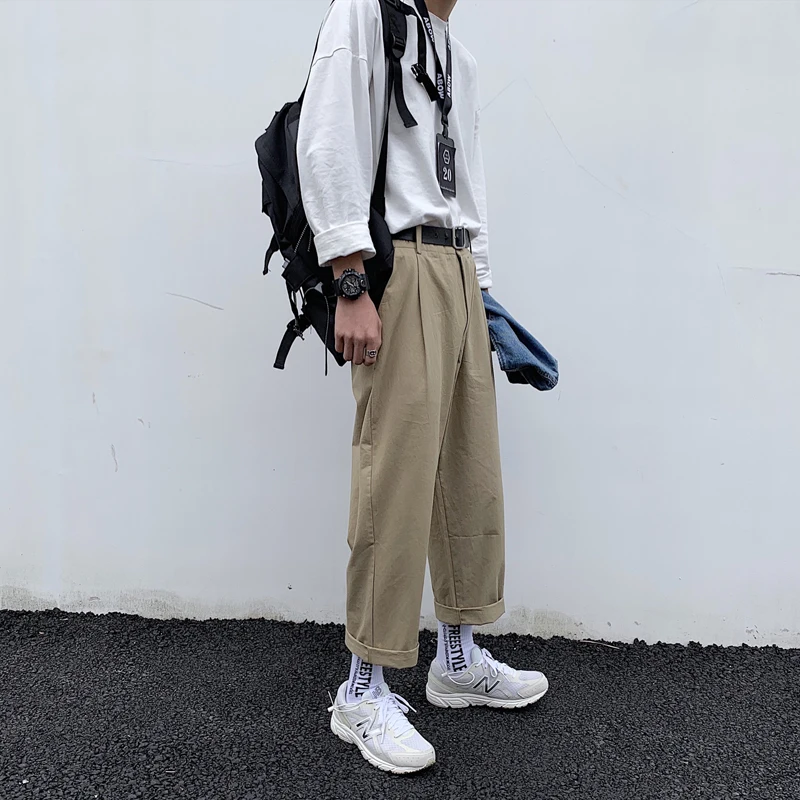 Men's Trousers 2019 Summer New Hong Kong Style Loose Straight Trousers Solid Color Casual Pants Youth Casual Men's Clothing