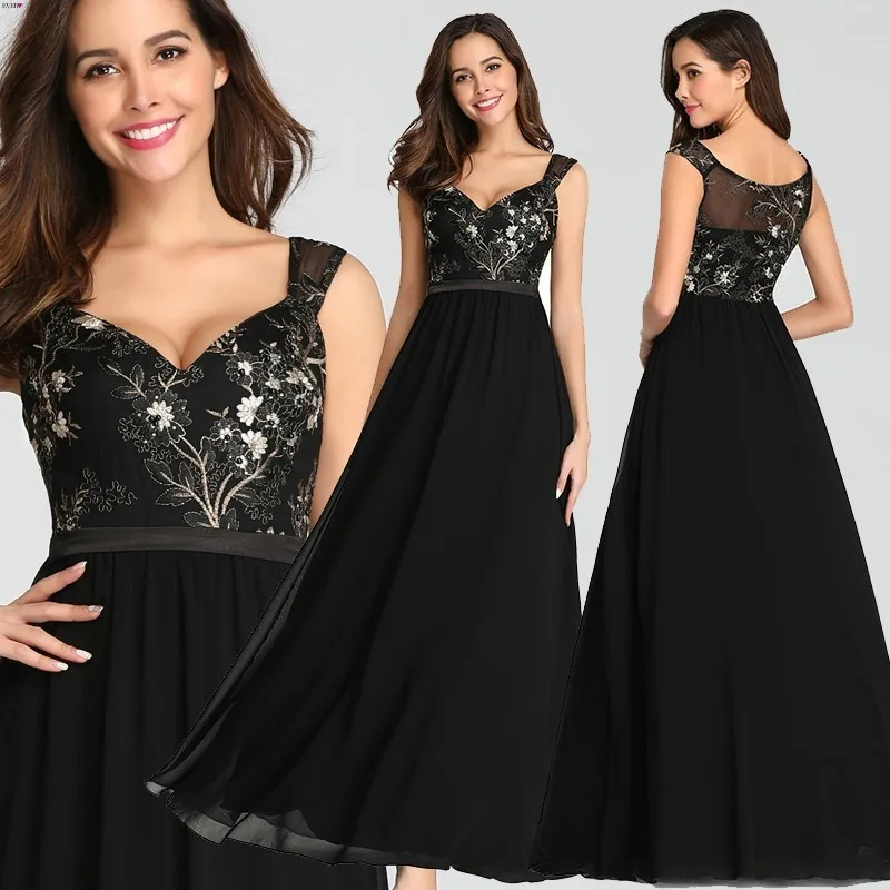 

Vintage Appliques Black Evening Dresses Long Ever Pretty EZ07783BK Sexy V-Neck Sleeveless Spaghetti Strap Formal Dresses 2019