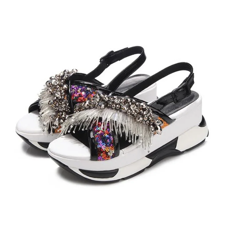 

ladies summer rhinestone sandals Shoes Women Platform Wedge Gladiator Sandals sheepskin+Crystal Sequins High Heels Shoes Woman