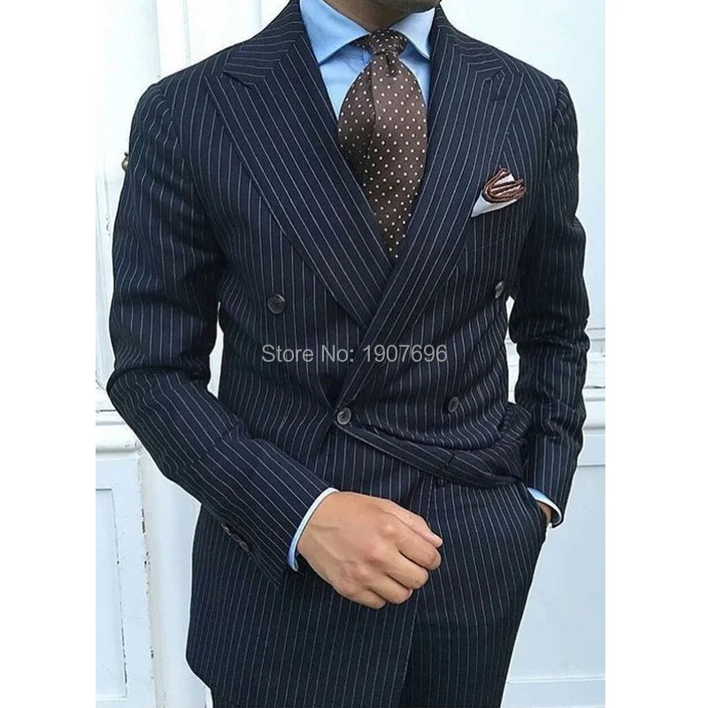 Navy Blue Pinstripe Men Suits Slim Fit for Wedding Double Breasted