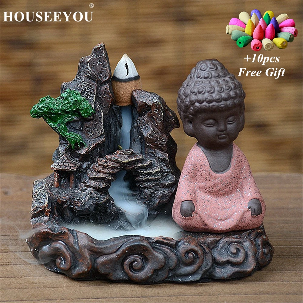 

10 Incense Cones + Rockery Buddhism Waterfall Incense Burner Buddha Monk Bullet Blackflow Incense Cone Aroma Smoke Censer Crafts