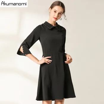 

2019 Spring Autumn Casual Sequined Dress Ladies Lapel Three Quarter-Sleeved Women Retro Fashion Elegant Ladies Dress Vestidos