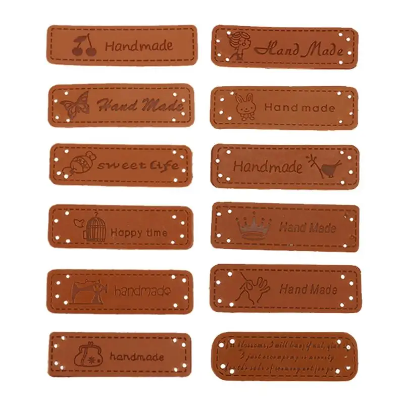

12PCS English Hand Made Labels for Clothes PU Leather Tags Handmade Labels DIY Jeans Bags Shoes Sewing Accessories