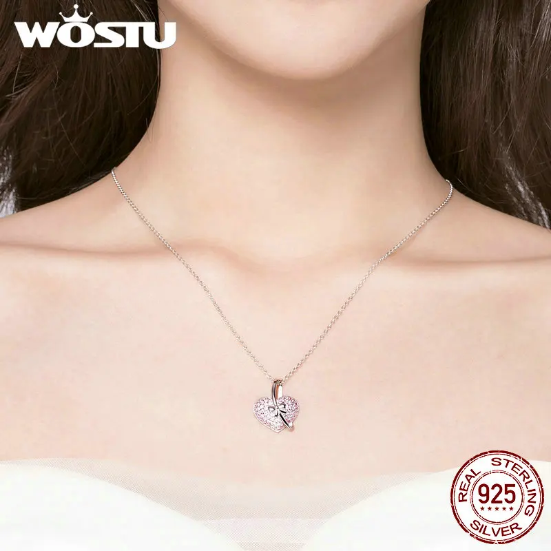 WOSTU Розовое сердце и Нежный ожерелья в виде банта 925 пробы серебро прозрачный CZ Длинная цепочка кулон для женщин подростков девочек ювелирные изделия CTN049