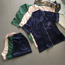 Женский шелковый атлас пижамные комплекты 2 шт. повседневная одежда темно-синие пижамы костюм Пижамные шорты Женская домашняя одежда костюм для сна Новинка