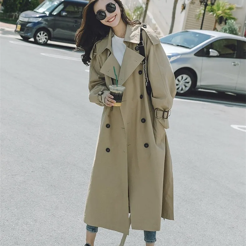 Décontracté À Automne Nouveau vent Turn down Collar Manches 2018 Kaki Vêtements Coupe Léger Coupe Longues Ceintures Lâche Mode Longue Trench coat 29IDHYWE