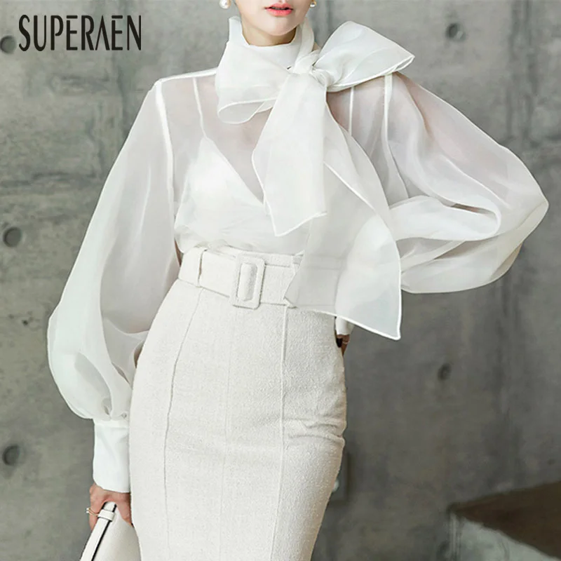 

SuperAen Perspective Mesh Shirt Women Wild Solid Color Fashion Casual Blouses and Tops Spring New 2019 Women Clothing