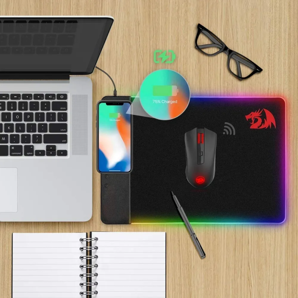 Redragon P025 Qi 10 Вт Беспроводное зарядное устройство Led RGB мышь с подсветкой Pad Xl