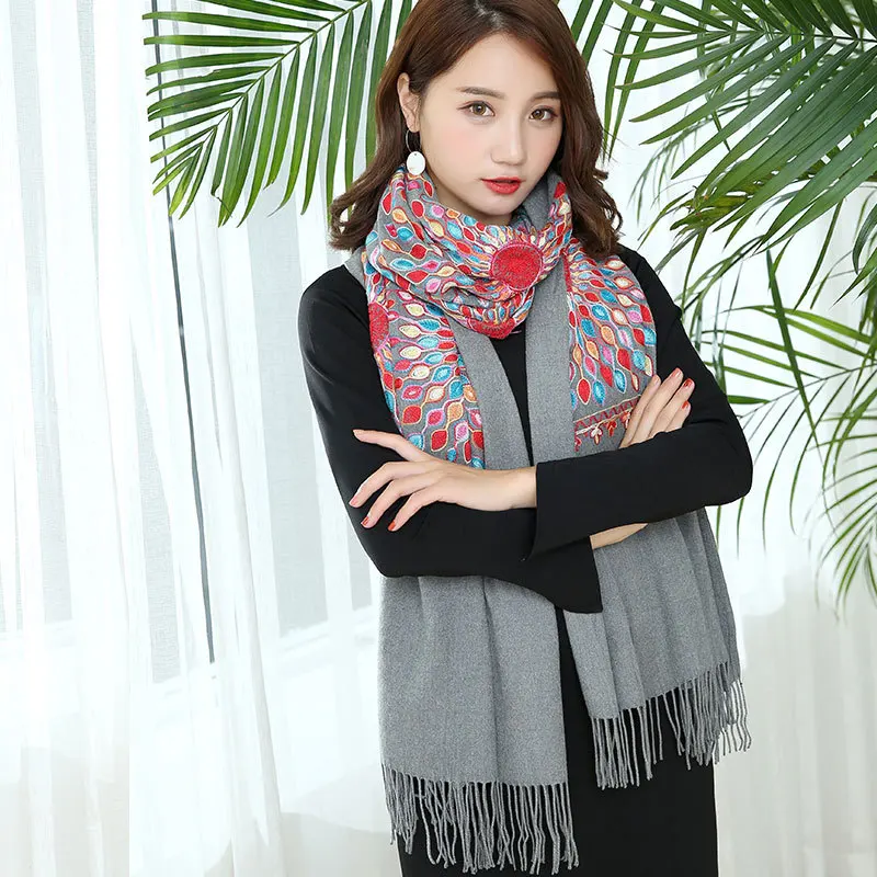 

Women Quality Soft Cashmere Scarves Sun Flower Embroidery Warm Long Shawls Winter Knitted Blanket All Match Pashmina Wrap