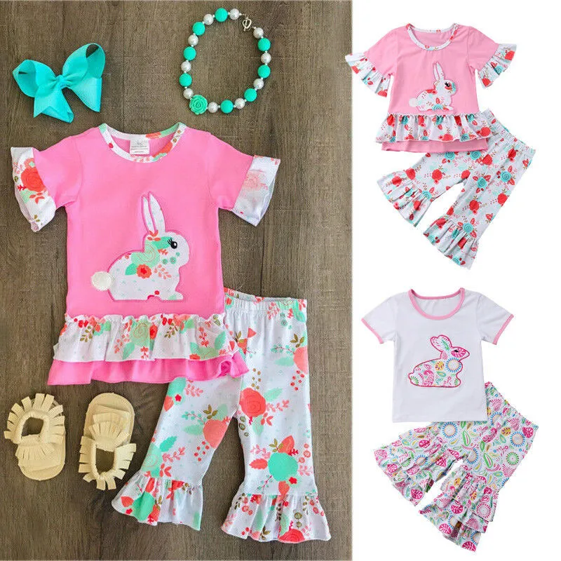 Kids Baby Girl Easter Outfits Children Summer Clothes Ruffle Short Sleeve Bunny T-shirt Floral Flared Pants 2Pcs Sets 0-5Y | Детская