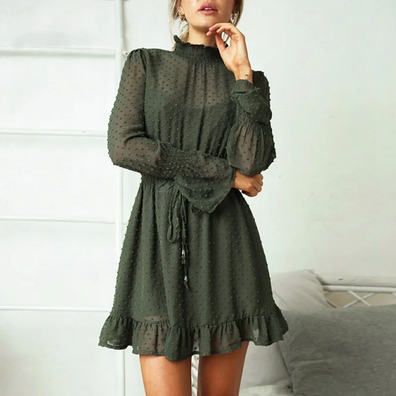 

2019 Spring Vintage Ruffle Pink Beach Mini Dress Elegant Casual Mesh Dress Long Sleeve Black Chiffon Dress Vestidos