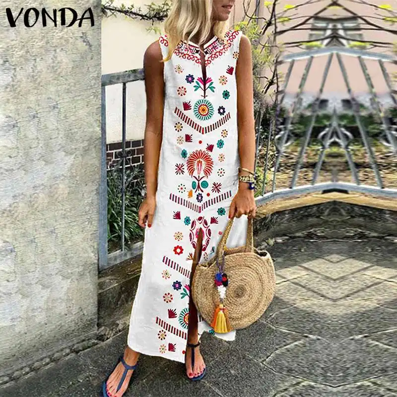 VONDA Women Floral Printed Dress 2019 Summer Boho Casual Loose Sleeveless Split Hem Party Dresses Long Kaftan Vestidos Plus Size