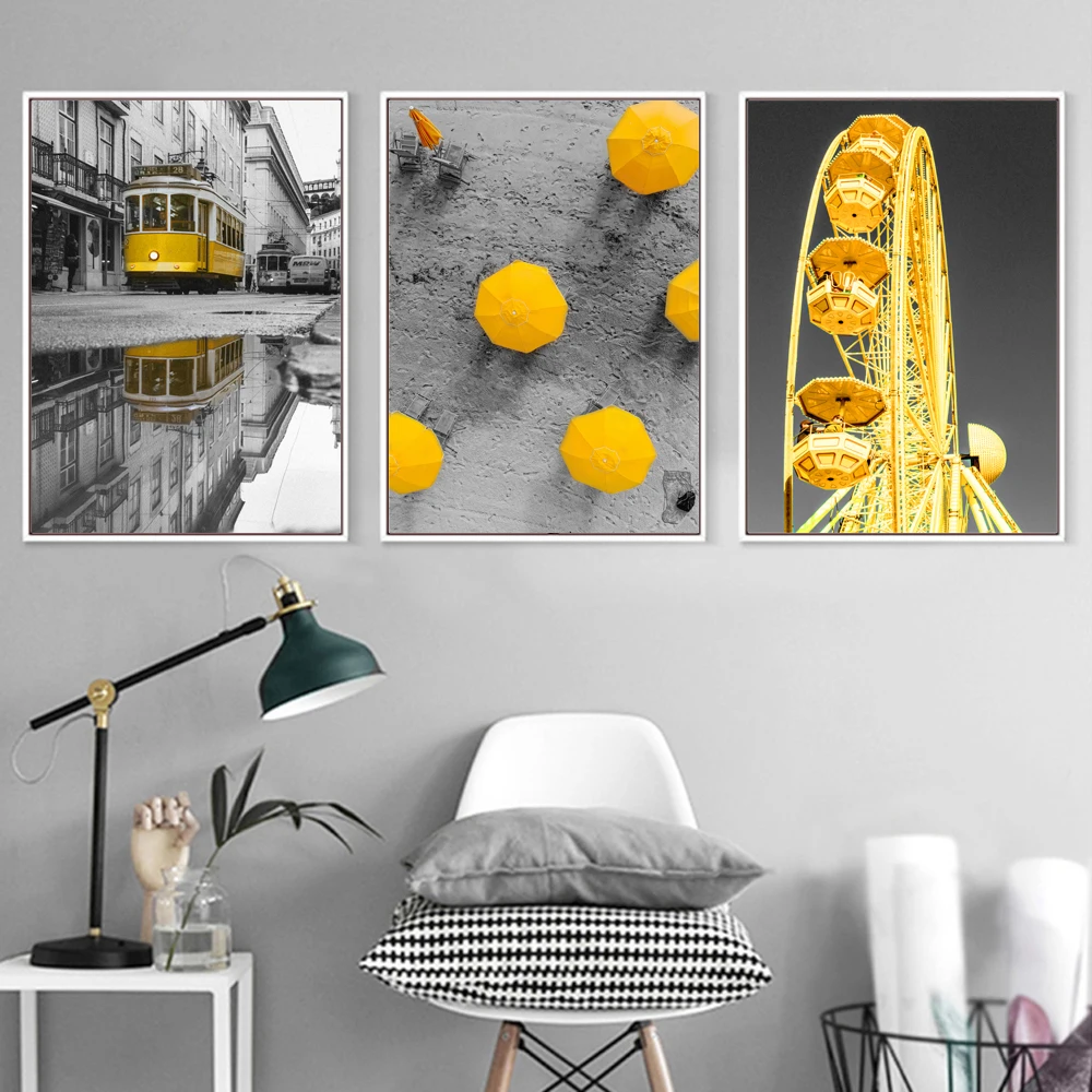 

AAHH Posters and Prints Printing on Canvas Art Painting Yellow Color Bus Umbrella Ferris Wheel for Living Room No Framed