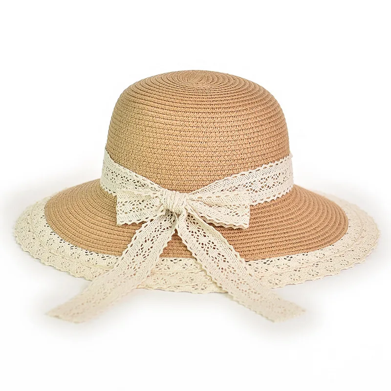 

Lace Floral Brim Parent-child Straw Sun Hats with Bowknot Sunhats for Kid Wide Floopy Brim Beach hat Children womensummer caps