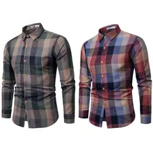 Мужские с длинным рукавом Slim Fit платье рубашка Бизнес работы роскошные плед формальные Одежда