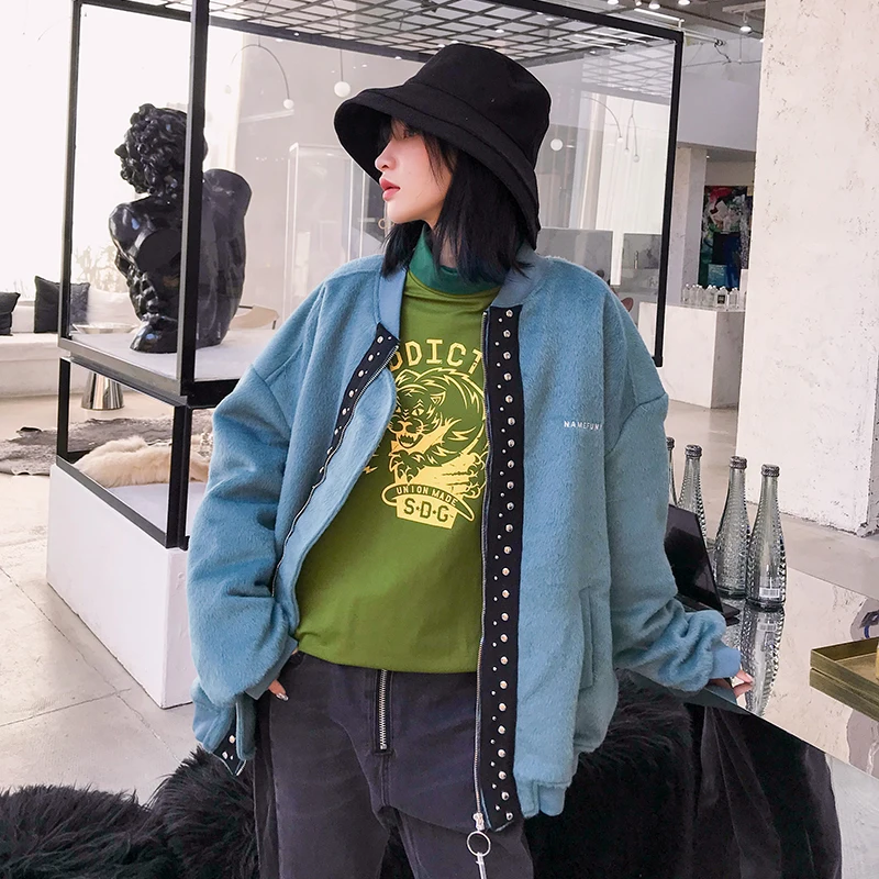Veste Rivet Nouvelles Imprimé Black Fermetures Lettres Femmes 2018 Épaisseur Manteau Décoration Glissière Chaud blue Vêtements À Mode D'hiver Wb85005xl De jMSVGqUzLp