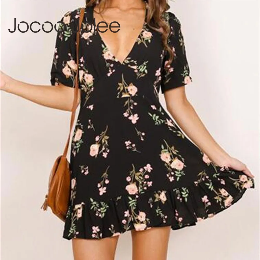 

Jocoo Jolee 2019 Summer Boho Floral Print Beach Dress Women Short Sleeve V Neck Evening Party A-Line Dresses Casual Mini Dress