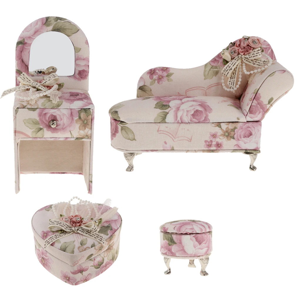 

4Pcs Furniture Set Double Sofa Dresser Desk Jewel Box For Doll Pink