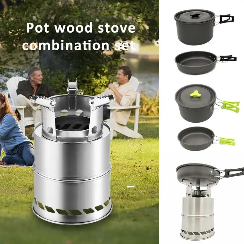 

Outdoor Pot Frying Pan Set Portable Folding Wood Stove Combination Set Stainless Steel Hard Alumina Cookware Supplies for Campin