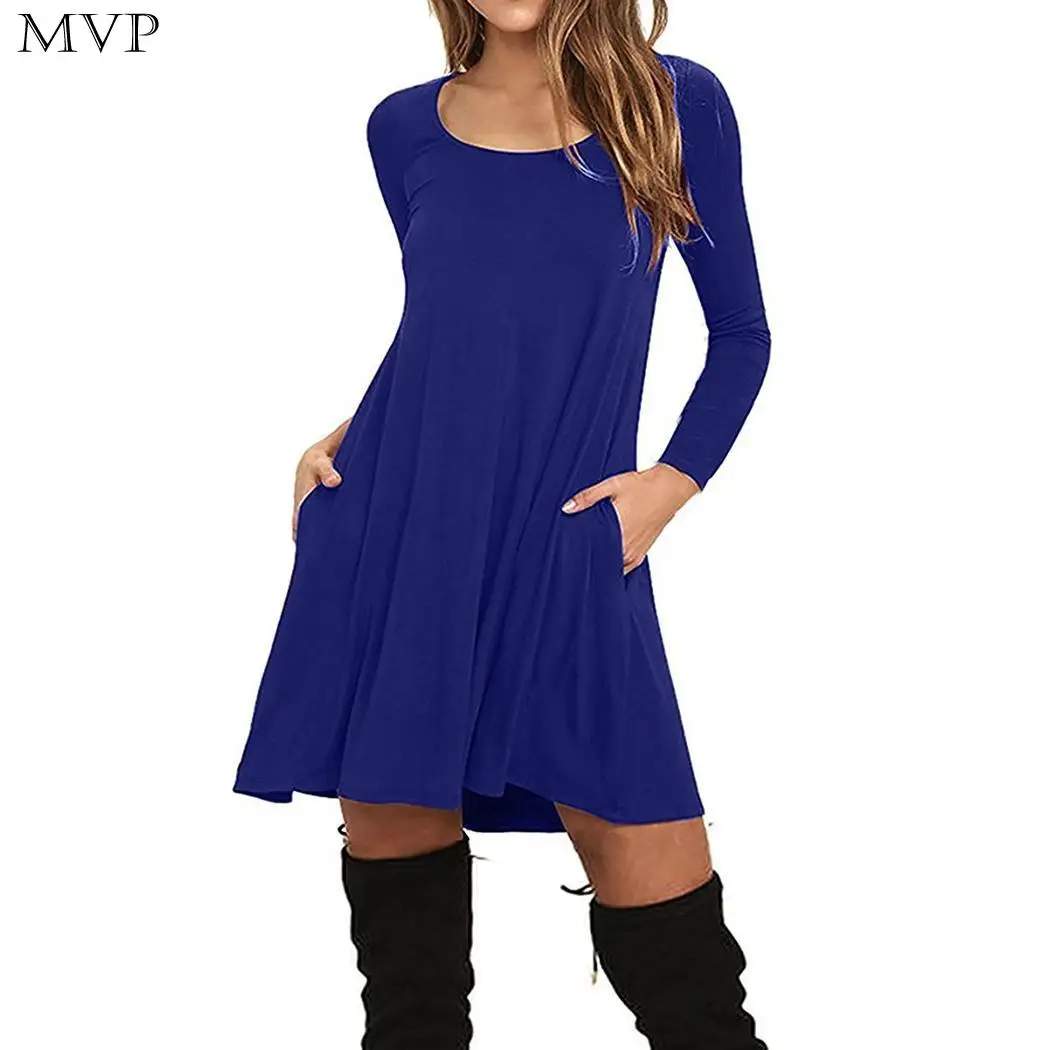 

Women Casual O-Neck Long Sleeve A Solid Spring Autumn Line Pocket High Waist Pleated Mini Casual Street Outdoor etc Dress
