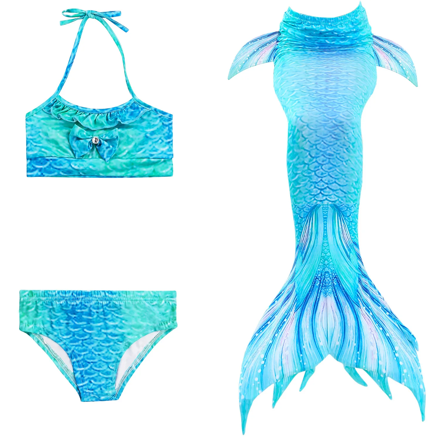 3 Pcs Kids Children Mermaid Tail Swimming Costume Bikini Set Swim Dress Cosplay No Monofin Swimwear For Girls Anime Cos