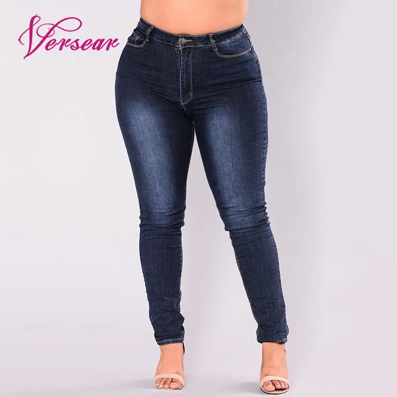 

Versear Plus Size Women Denim Jeans High Waist Skinny Pencil Pants 2019 Autumn Stretch Leggings Oversize Bodycon Slim Trousers