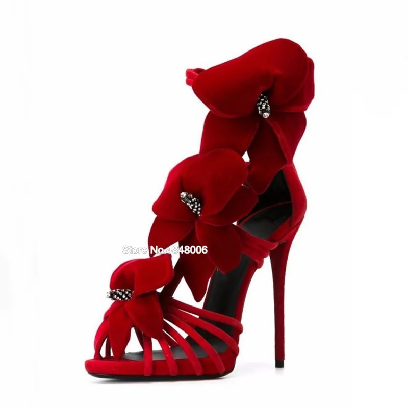 

Sexy Hollow Out Big Flowers Red Woman Sandals Bling Crystal Decor Open Toe Zip Pumps Strappy Thin High Heels Woman Wedding Shoes