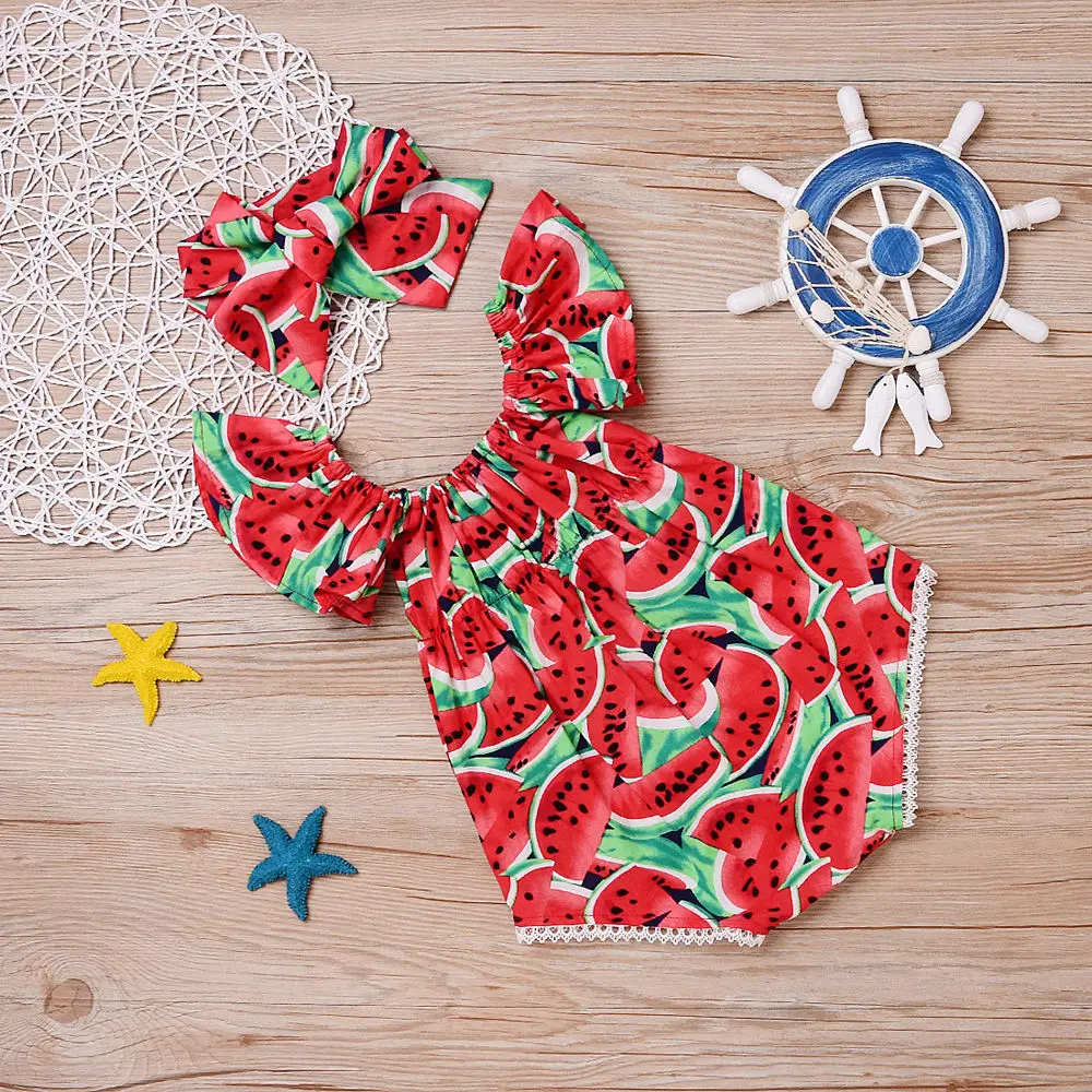Newborn Baby Girls Watermelon Romper with Headband Clothes Sunsuit