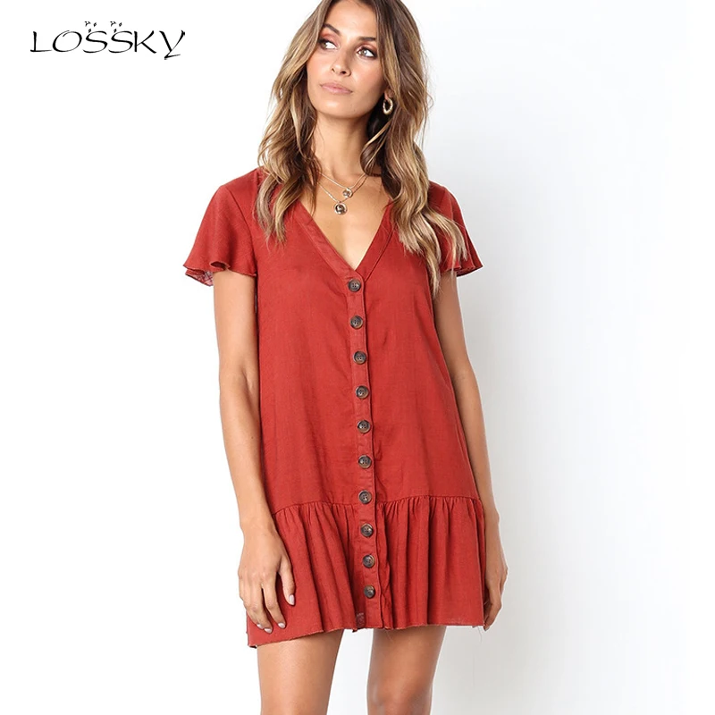 

LOSSKY Women Summer Dress Polyester A Line Solid Color Short Sleeve V Neck Draped Brotton Casual Mini Dress 2018 Beach Sundress