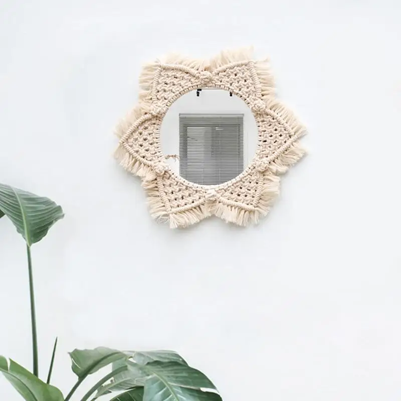 1 pieza Beige redondo bohemio espejo macramé cuerda de algodón hecho a mano hogar colgante pared espejo Decoración elegante espejos de pared