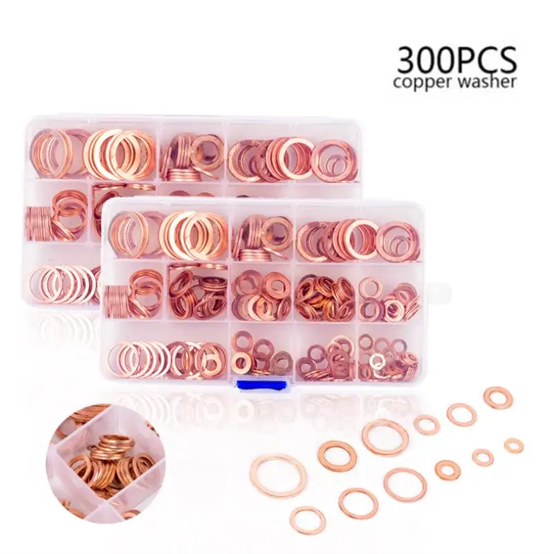 

300Pcs Assorted Solid Copper Washers Sump Plug Seal Bolt Gasket Ring Copper Gaskets Kit 12 Sizes with Box