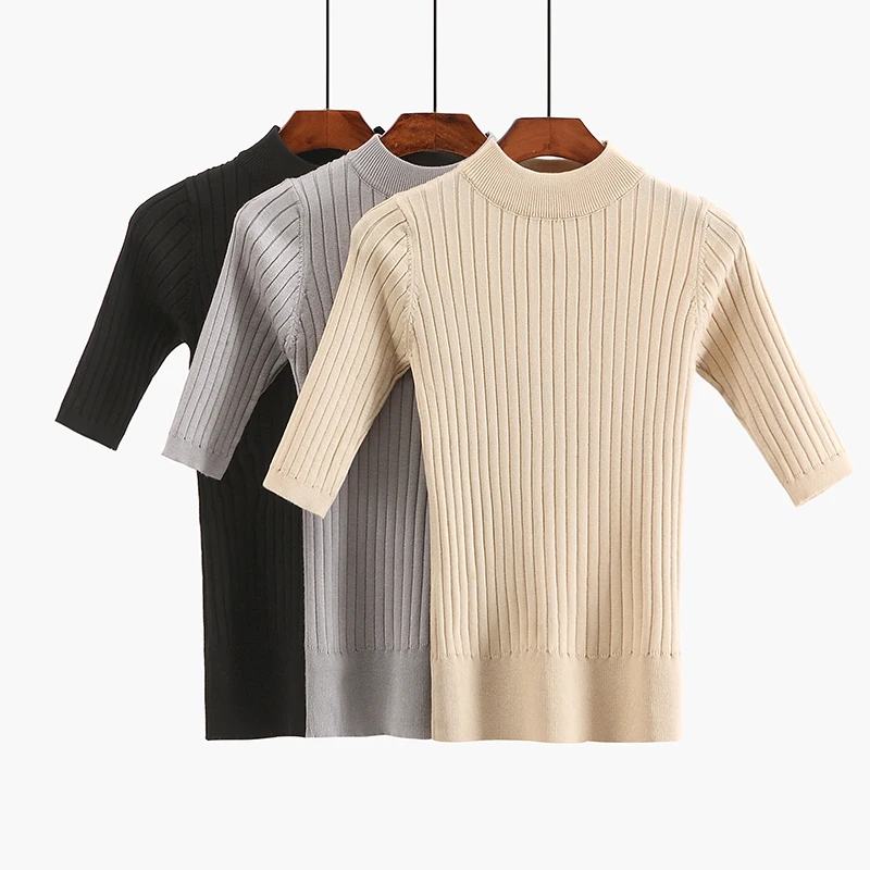 Spring Autumn Women Sweater Knitted Half Sleeves Pullovers Slim Female Jumper High Elasticity Femme Pull | Женская одежда