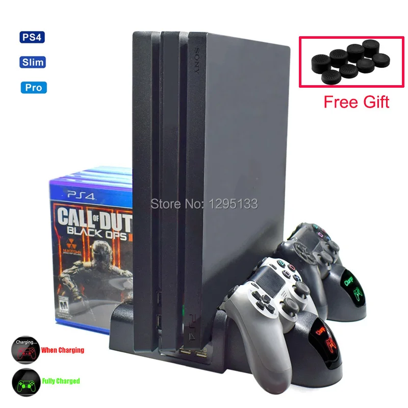 

Multifunctional Vertical Stand with Cooling Fan and Dual Controllers Charging Station for PS4 Playstation 4 Slim Pro Console