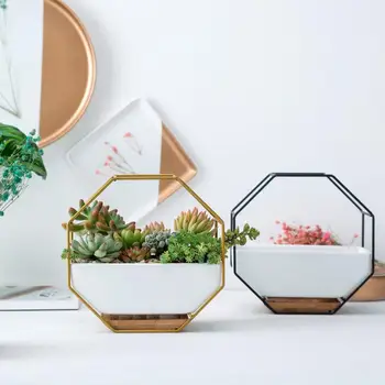 

AUGKUN Metal Iron Rack White Ceramic Planter Pot Simple Octagonal Geometric Wall Hanging Table Set Bamboo Tray Iron Frame Set