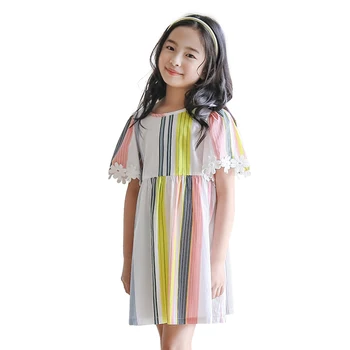 

rainbow lace dress age for 6 - 14 yrs teenage girls colorful short sleeve dress 2019 new summer striped chiffon baby girls frock
